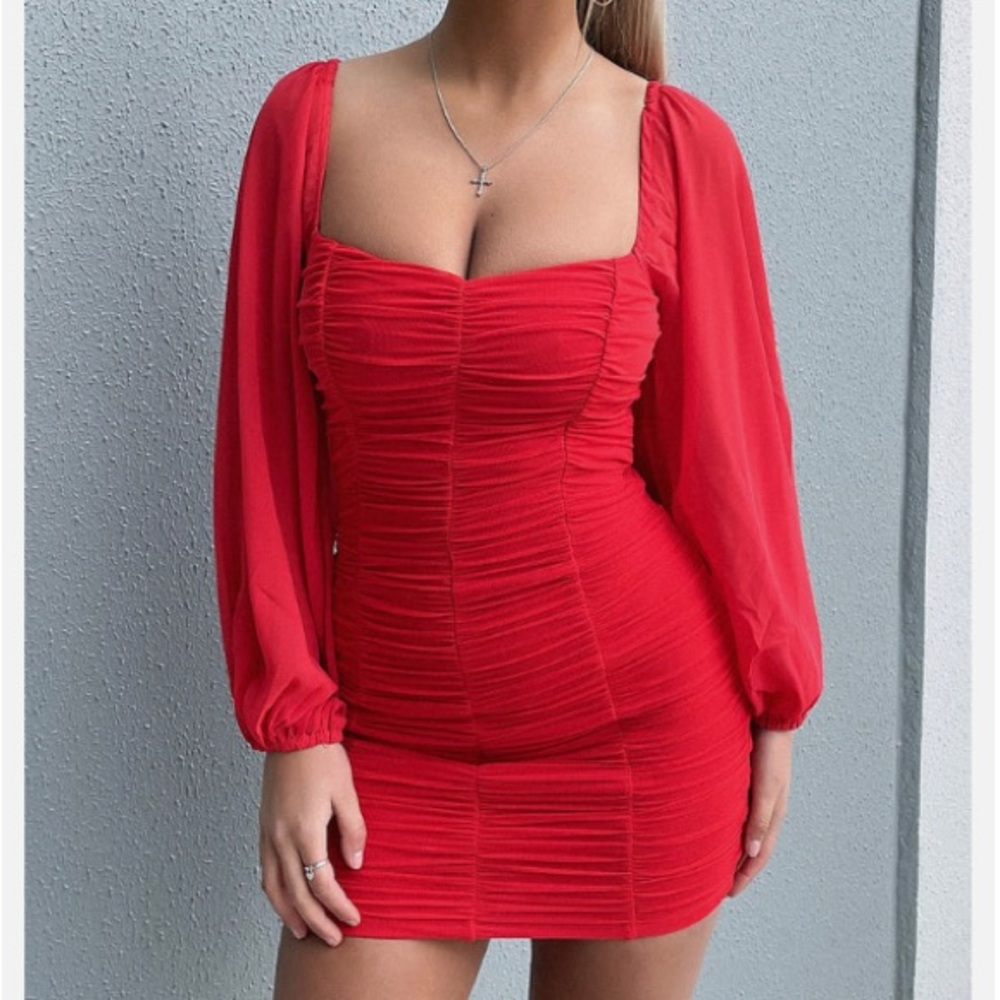 That’s So Fetch Red Ruched Bodycon Dress with Sleeves